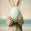 Lapin de Pâques avec un gros œuf au bord de la mer sur But First Framing