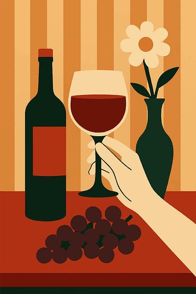 Wine with bottle, grapes and flower illustration. by Johannes