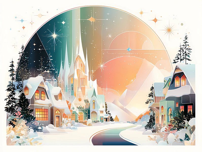 Retro gestileerd winterlandschap, gezellig dorp van Ariadna de Raadt-Goldberg