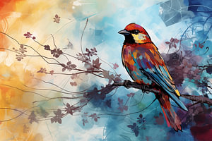 Wunderschöner Vogel im Mixed-Media-Pop-Art-Stil