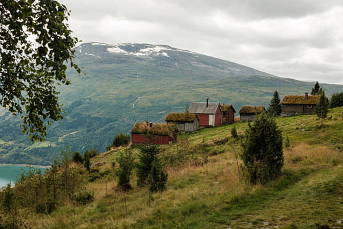 Traditional Norwegian cottages near Loen, Norway