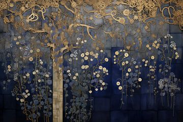 Goldener Baum mit Blüte vor blauem Hintergrund von Whale & Sons