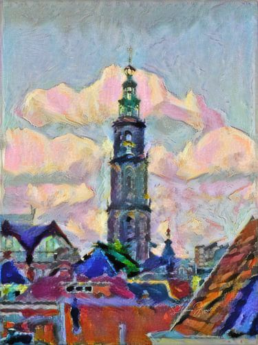 Vrolijk schilderij van de Martinitoren: de skyline van Groningen