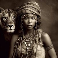 Femme africaine avec un lion