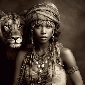 Afrikanische Frau mit Löwe