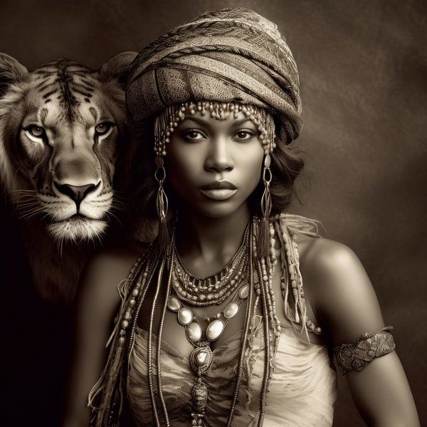 Femme africaine avec un lion par Carla Van Iersel