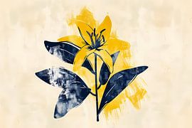 Minimalist yellow flower with blue leaves by Art & Soul Creations