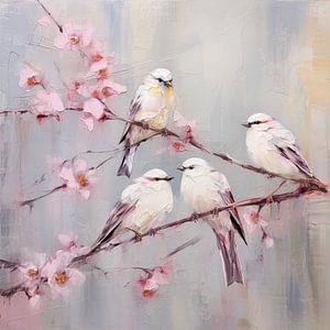 Weiße Vögel auf Kirschblüte