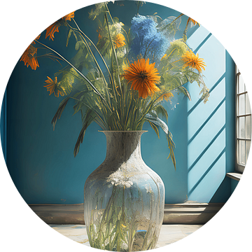Glazen vaas met lange bloemen van Hans Dubbelman