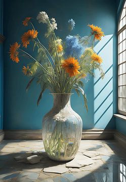 Glass vase with long flowers by Hans Dubbelman