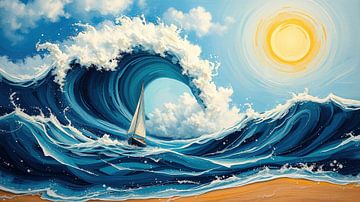 Stormachtige golven - zeiljacht ontsnapt uit de diepte op een zomerse dag onder de felle zon van AidasignArt