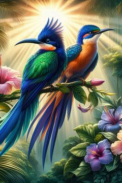 Tropische paradijsvogels met bloemen van Ellen Van Loon