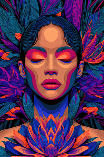 Colourful Ecstasy – Modern Psychedelic Portrait of a Woman with Butterflies
