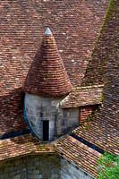 Nahaufnahme eines Türmchens mit orangefarbenen Dachziegeln eines französischen Schlosses