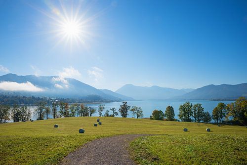 weide met hooibalen, uitzicht op het meer Tegernsee,
