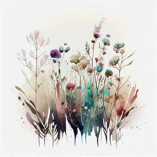 Aquarelle, champ de fleurs minimaliste et coloré