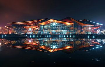 Nachtelijk bouwen aan het water van fernlichtsicht