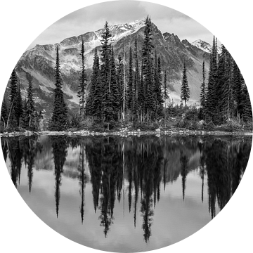 Zwart/Wit weerspiegeling van bergen en bos in Canadees meer van Milou Mouchart
