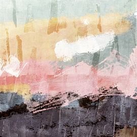 Modern abstract expressionistisch schilderij in pastelkleuren roze, geel, groen, paars van Dina Dankers