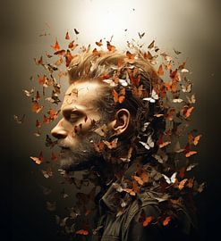 Abstract work of a man with several butterflies around him. by Margriet Hulsker