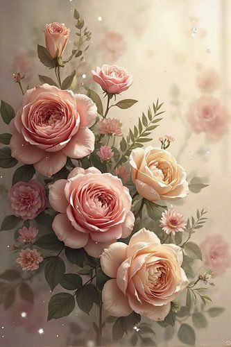 Romantisch Bloemenstilleven – Vintage Kunst met Rozen en Groen