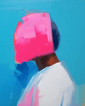 Abstract portret in roze en blauw van Carla Van Iersel