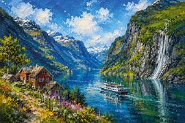 Der Nærøyfjord in Norwegen, ein impressionistisches Gemälde. von Galerie Hoppenbrouwers