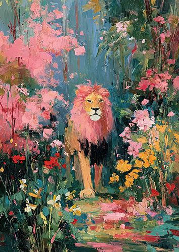 Lion in a colourful flower garden
