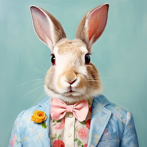 Portret van konijn in een blauw bloemetjes kostuum