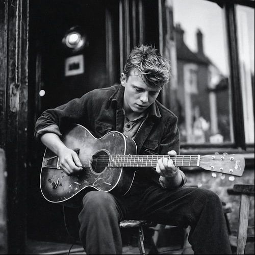 jongeman speelt oude gitaar voor het huis