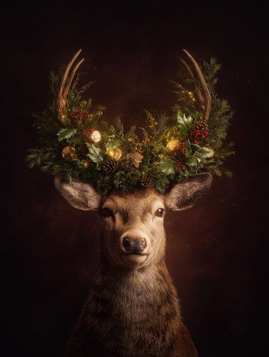 Winterporträt eines Rehs mit festlicher grüner Krone von But First Framing