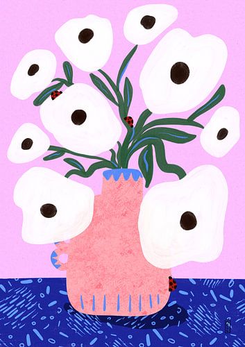 Witte klaprozen en lieveheersbeestjes Florale Illustratie