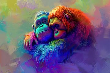 Apen Knuffel Kleurrijk | Primate Cuddle van Blikvanger Schilderijen