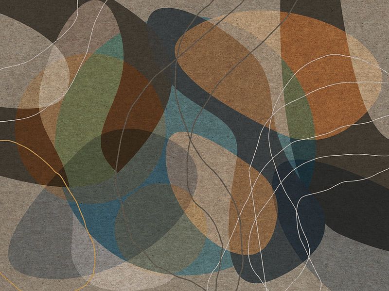 Brown, green, blue, beige organic shapes. Modern abstract retro geometric art in earthy tints by Dina Dankers