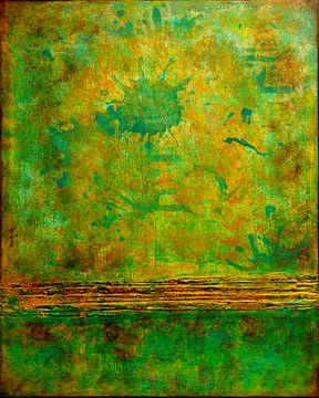Abstract schilderij, ruwe texturen aardetinten met groen en geel van Joriali Abstract