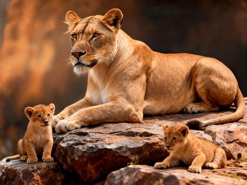Lioness with cubs on boulder