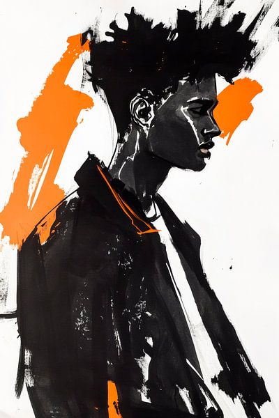 Schwarzes Porträt mit orangefarbenen Akzenten von Poster Art Shop