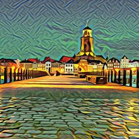 Work of art by Deventer: Skyline from the river IJssel in the style of Picasso by Slimme Kunst.nl