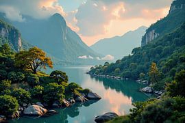 Paysage de lac et de montagne au coucher du soleil sur Markus Gann