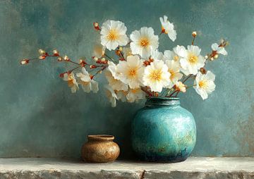 White Blossoms on Teal Vase