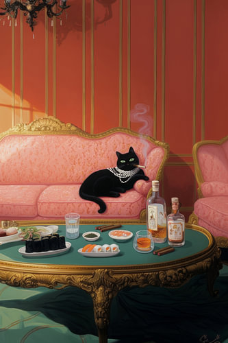 An elegant black cat amidst sushi, whisky and an Art Deco lounge brimming with luxurious vintage flair