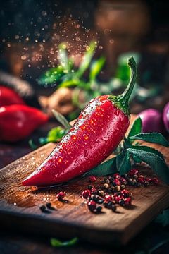 Fresh red chilli on a wooden board by Poster Art Shop