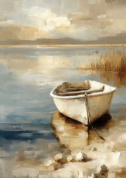 Rowing boat at the lake - Vintage oil painting