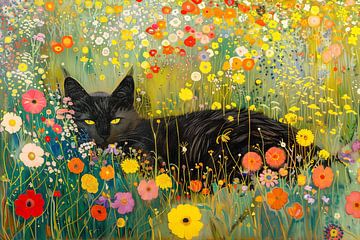 Flower Garden met Kat in de stijl van Gustav Klimt van Caroline Guerain