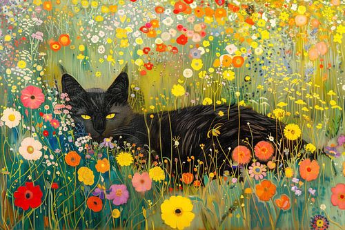 Black Cat among flowers in the style of Gustav Klimt