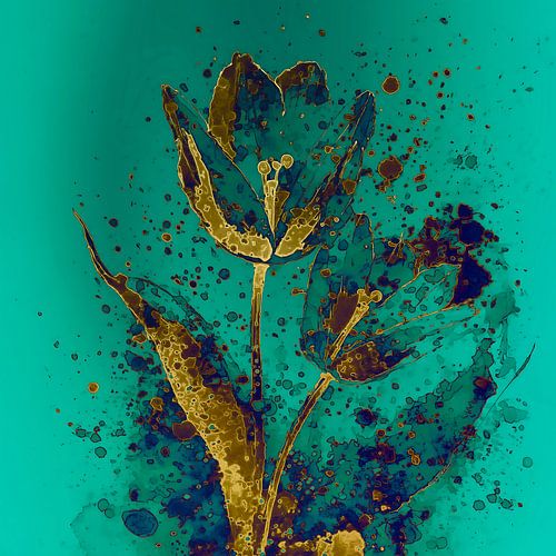 Modern bloem schilderij: Blauw/groen met gouden Tulp