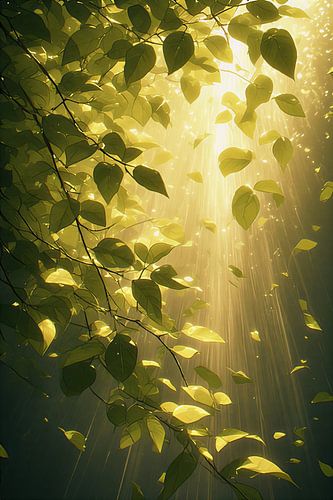 Golden Sunlight Through Green Leaves Wall Art - Nature Sunbeams Forest Poster - Cinematic Botanical Foliage Print for Living Room Decor
