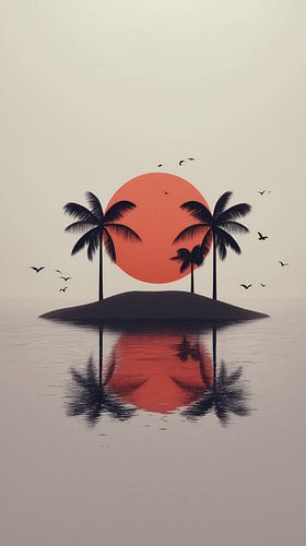 Miroir du silence - île de rêve avec des oiseaux au coucher du soleil sur Niphion Art