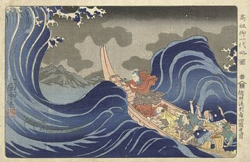 Nichiren fegt die Wellen in Kakuda während seines Exils auf Sado,, Utagawa Kuniyoshi