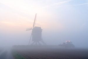 Brume matinale au moulin dans le champ